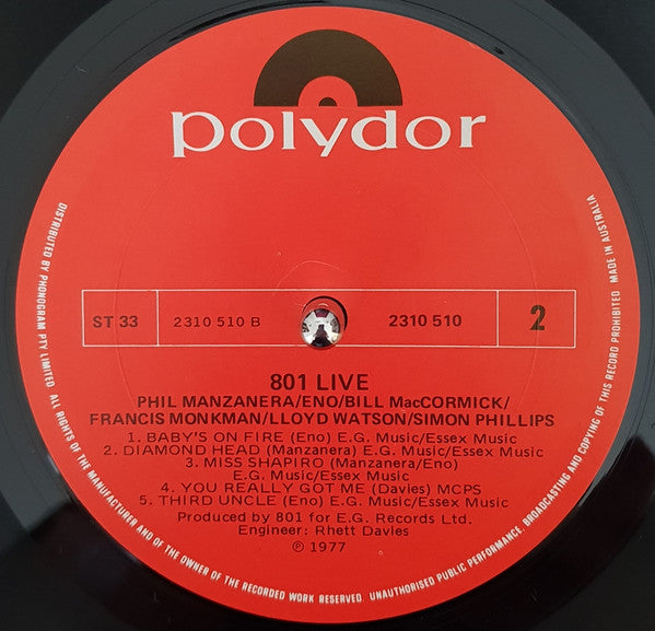 801 : 801 Live (LP, Album, RE)