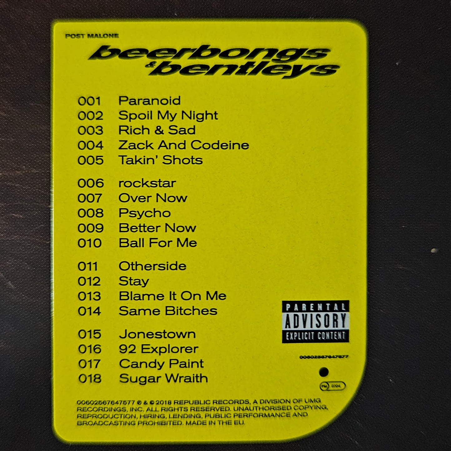 Post Malone – Beerbongs and Bentleys (2 x Vinyl, LP, Album, Clear Coloured Vinyl ) Gatefold.